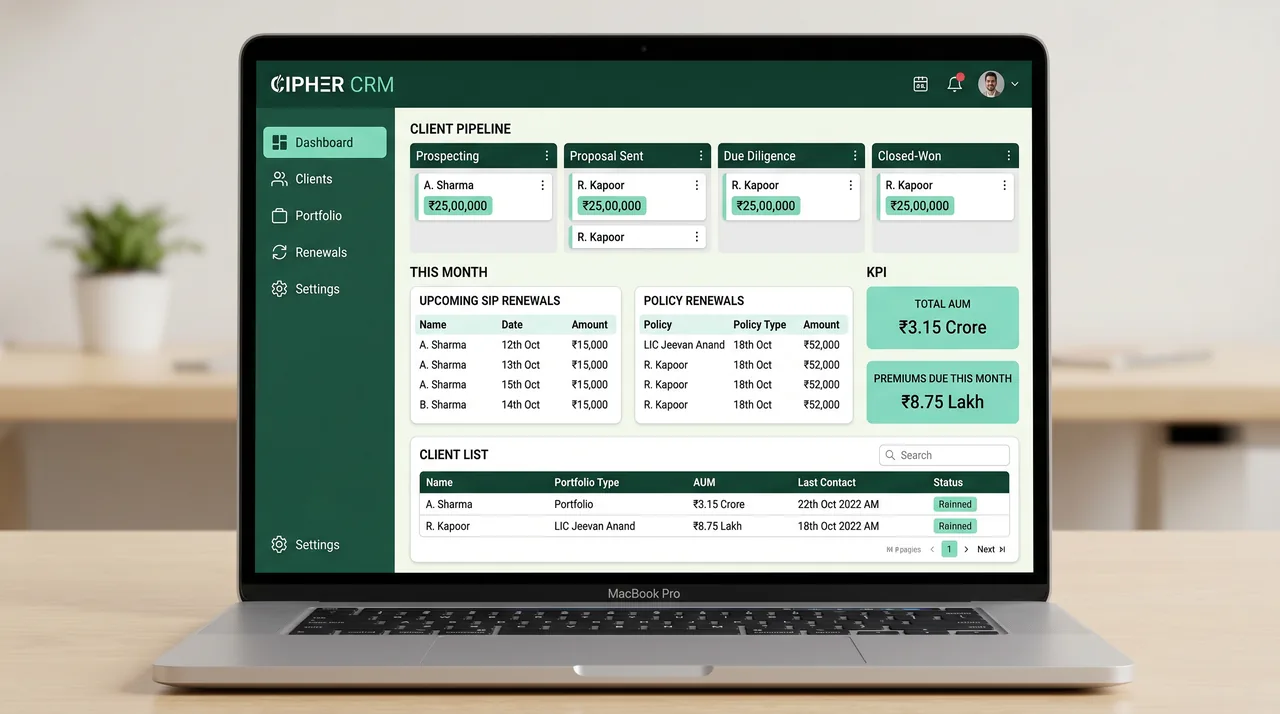 CIPHER CRM financial services pipeline with prospect stages, KYC tracker and SIP renewal alerts