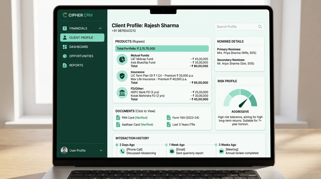 CIPHER CRM client database showing a wealth management client profile with portfolio, documents and history
