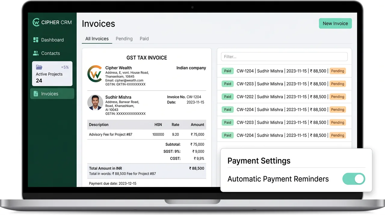 CIPHER CRM invoicing screen showing GST-compliant billing in rupees for a financial advisory firm