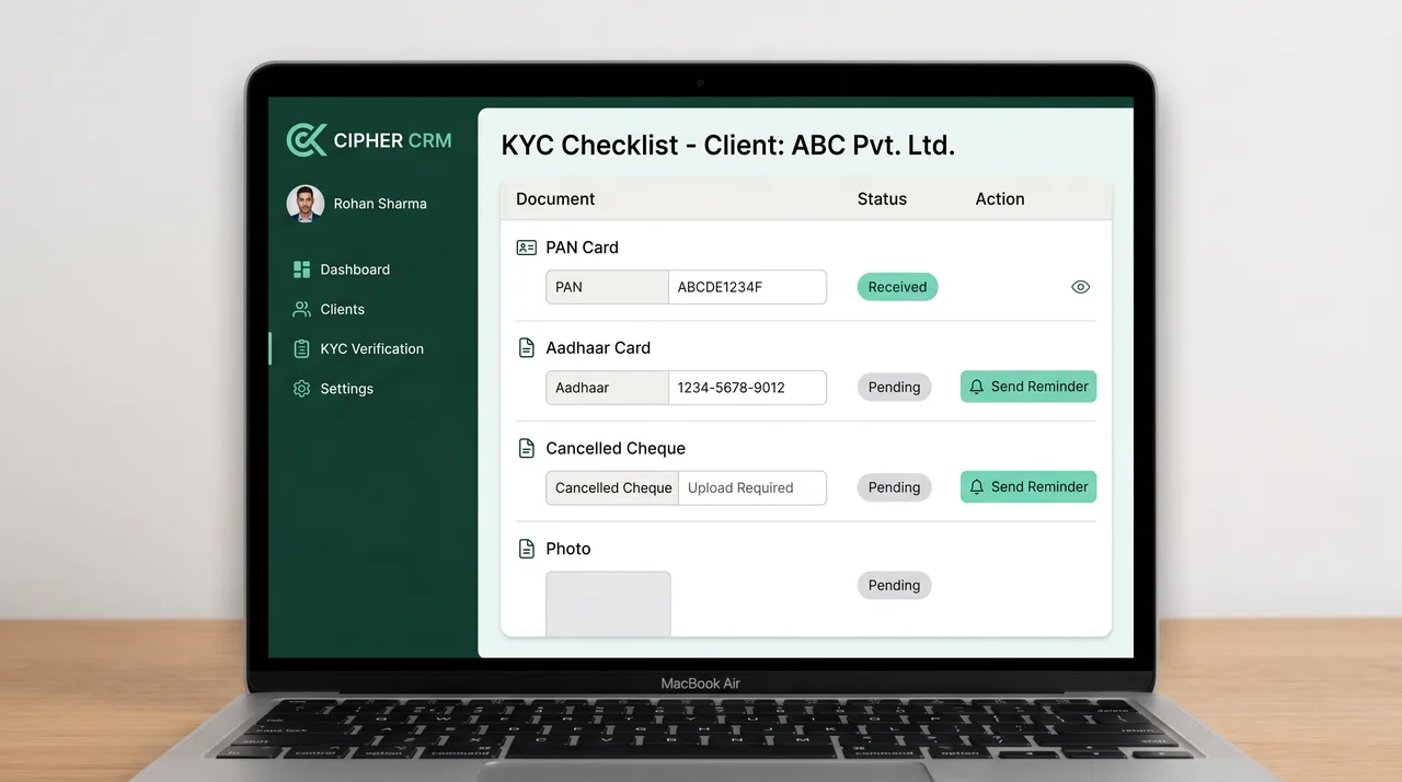 CIPHER CRM KYC workflow screen showing a document checklist and automated reminders for financial clients