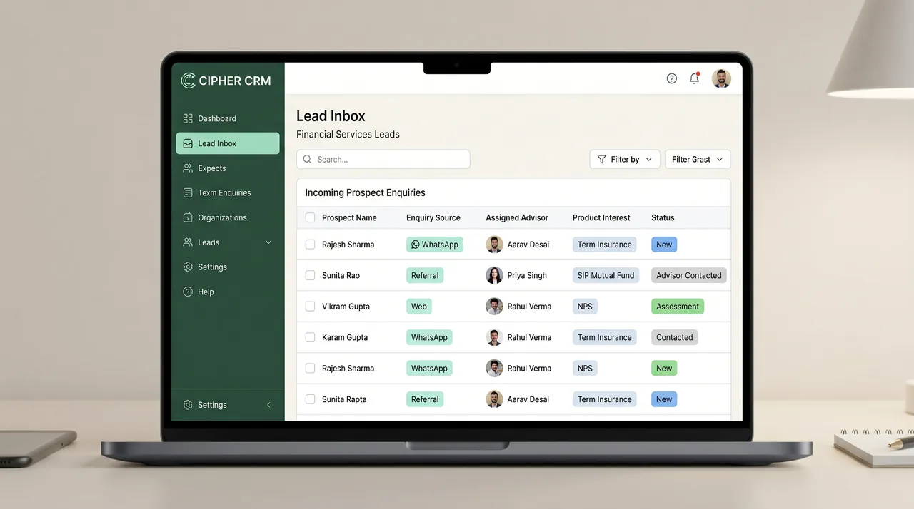 CIPHER CRM financial services lead inbox showing new prospects from referrals, calls and web enquiries