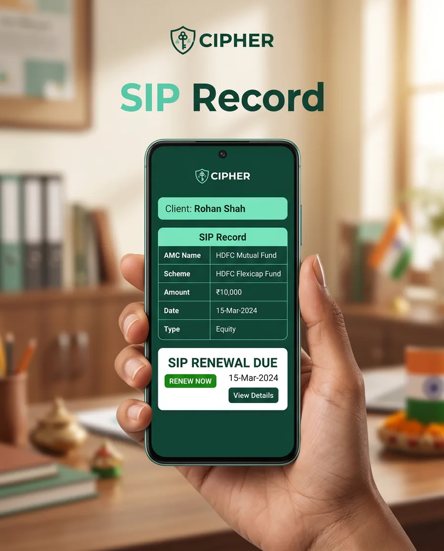 CIPHER CRM mobile app used by a mutual fund distributor to update a client SIP record during a home visit