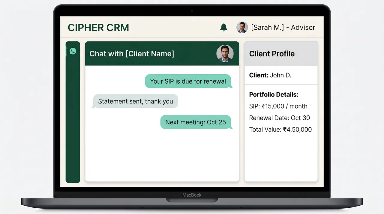 CIPHER CRM communication log showing an advisor's call notes and documents on a client SIP record