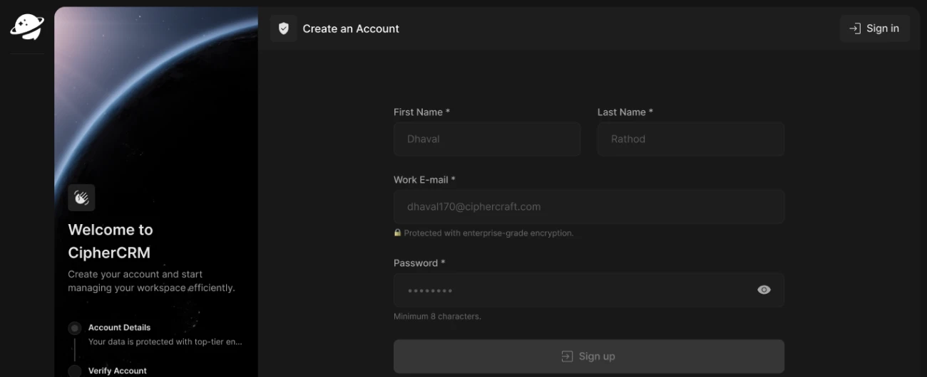 CIPHER CRM sign-up screen, where a new business creates its account and workspace