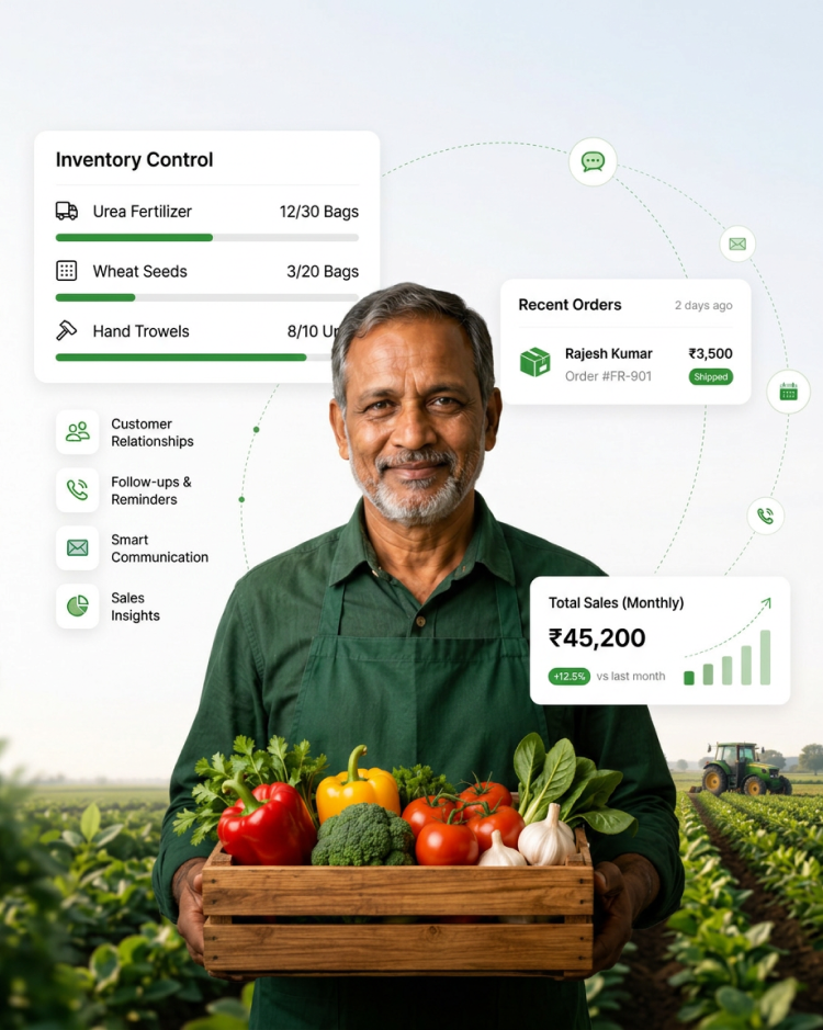 CIPHER CRM for agriculture - dealers, orders and sales on one screen An agri-input dealer holding a crate of fresh produce, with CIPHER CRM cards for a recent dealer order and monthly sales