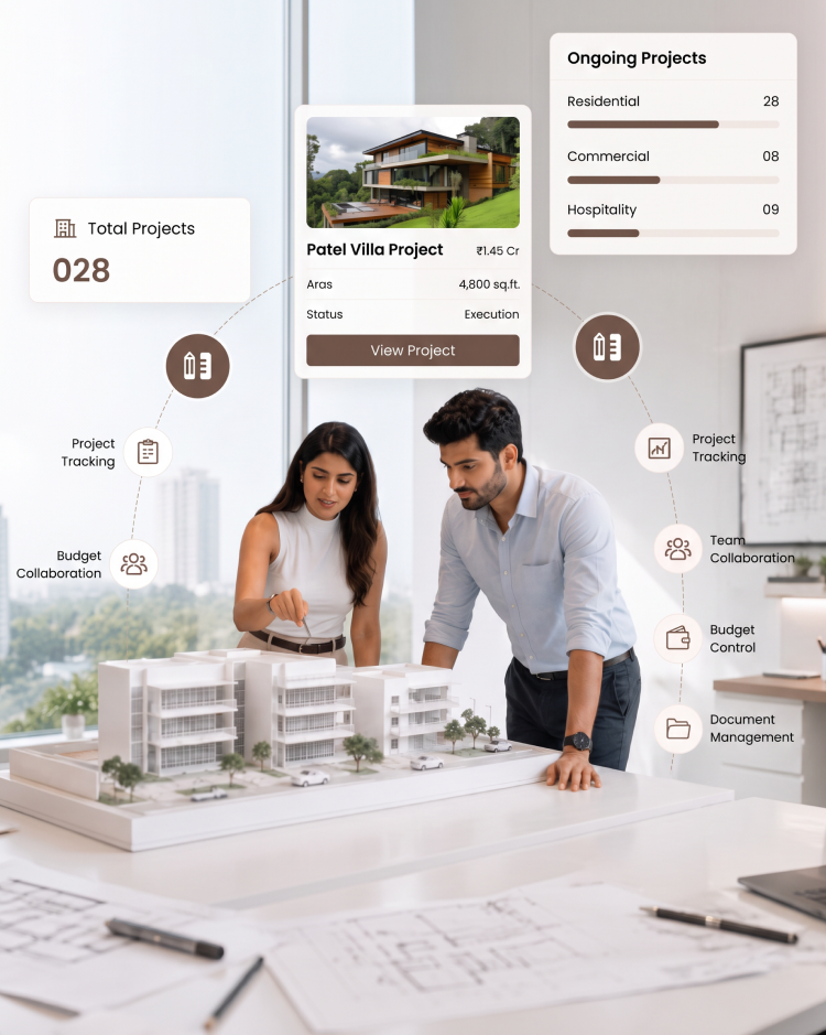 CIPHER CRM for architecture and design - enquiries, proposals and projects on one board Two architects reviewing a building model, with CIPHER CRM cards for projects by type, total projects and a villa project's value and status