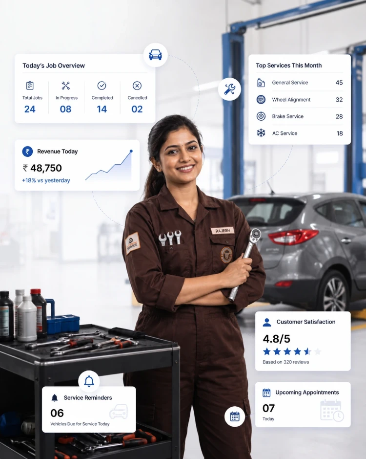 CIPHER CRM for automotive - showroom enquiries and service jobs on one screen A workshop technician holding a wrench, with CIPHER CRM cards for today's service jobs, open enquiries and unpaid bills
