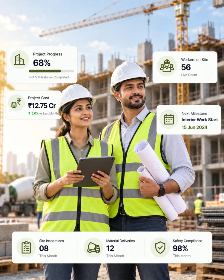 Two site engineers in hard hats and safety vests on site, with CIPHER CRM cards for project progress, project cost and workers on site