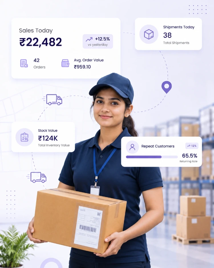 CIPHER CRM for ecommerce and retail - orders, resellers and repeat customers on one screen A delivery associate holding a parcel, with CIPHER CRM cards for open enquiries, unpaid invoices and repeat customers