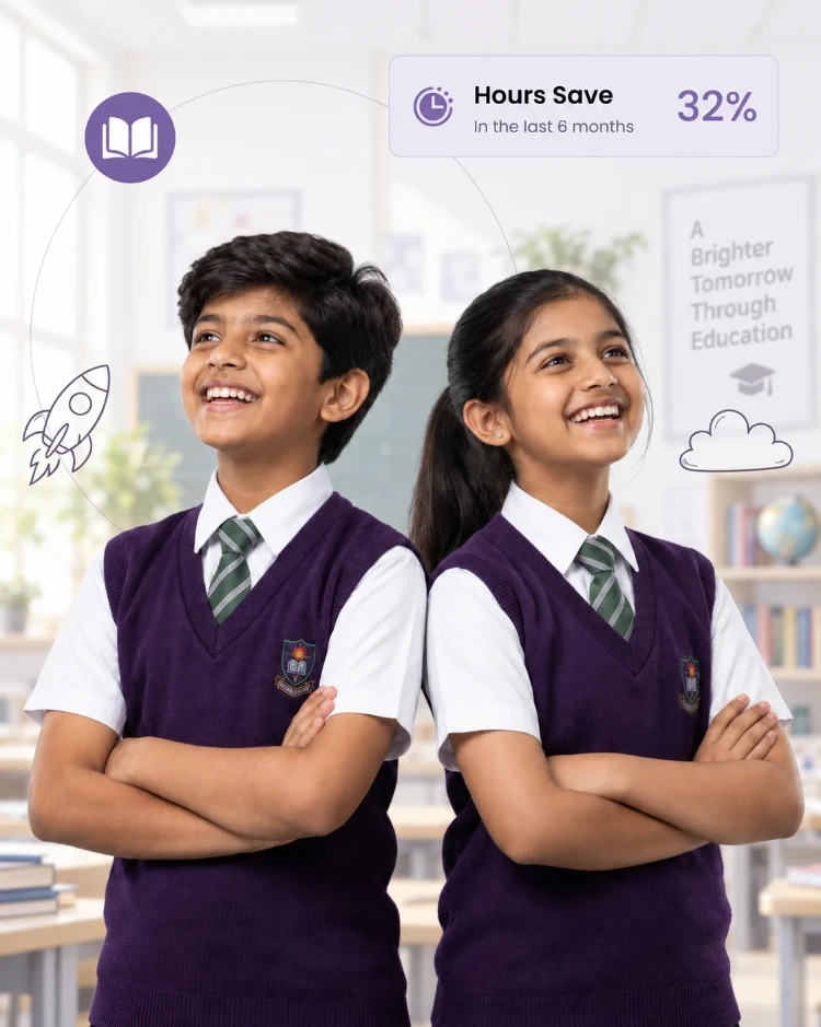 Two smiling school students in uniform with arms crossed in a classroom, with a CIPHER CRM card for hours saved