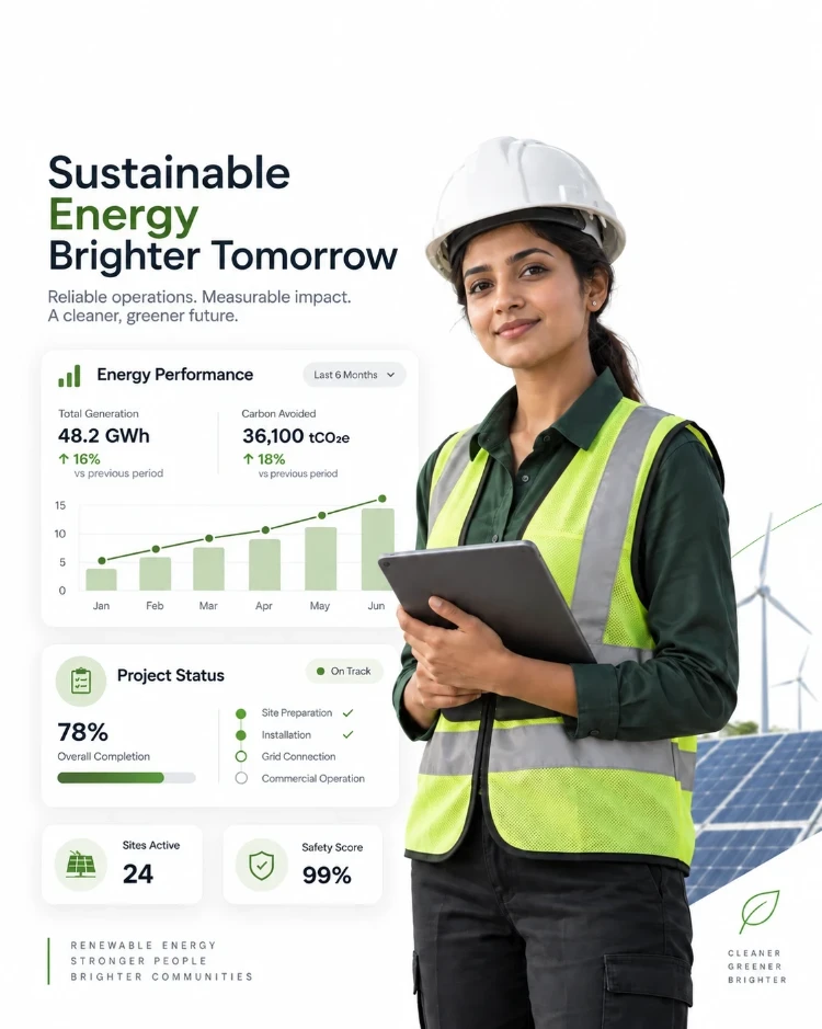 CIPHER CRM for solar and energy - site leads, proposals and projects on one screen A solar engineer in a hard hat and safety vest holding a tablet, with CIPHER CRM cards for a site summary and project status