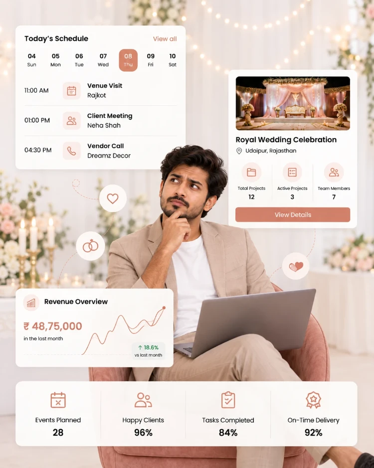 CIPHER CRM for event management - enquiries, proposals and event dates on one screen A wedding planner working on a laptop, with CIPHER CRM cards for today's schedule, an active wedding project and a revenue overview