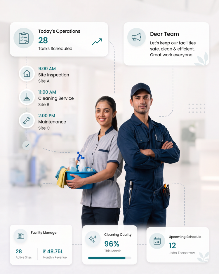CIPHER CRM for facility management - tenders, contracts and renewals on one screen A housekeeping and maintenance team, with CIPHER CRM cards for today's tasks, a team message and active sites