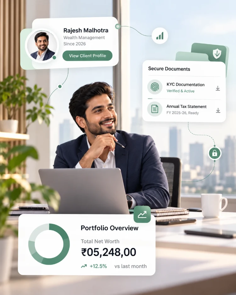A financial advisor smiling at his desk with a laptop, with CIPHER CRM cards for secure KYC documents, a client profile and a portfolio overview