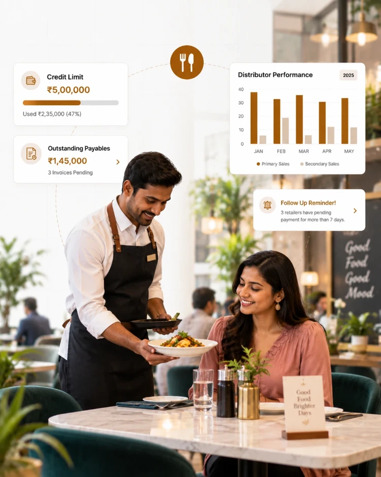 CIPHER CRM for food and beverage - distributors, field orders and payments on one screen A waiter serving a dish to a diner at a restaurant table, with CIPHER CRM cards for a distributor credit limit, distributor performance and a payment follow-up reminder