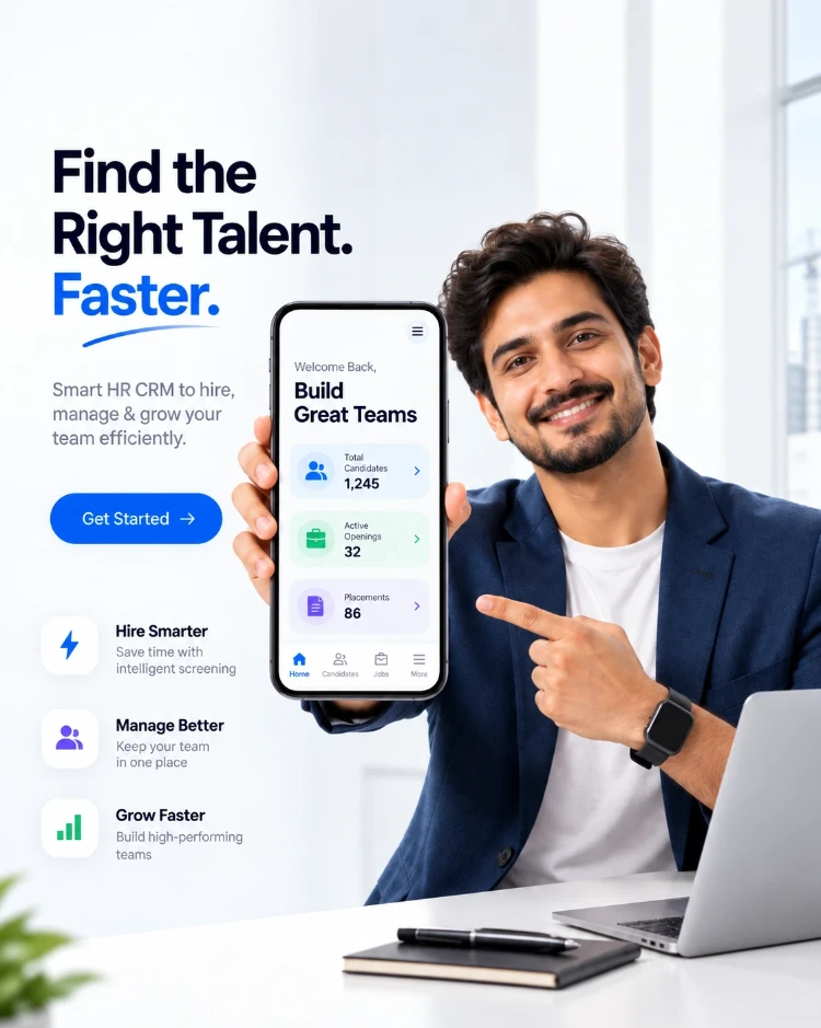 A recruiter holding up a phone showing total candidates, active openings and placements on CIPHER CRM