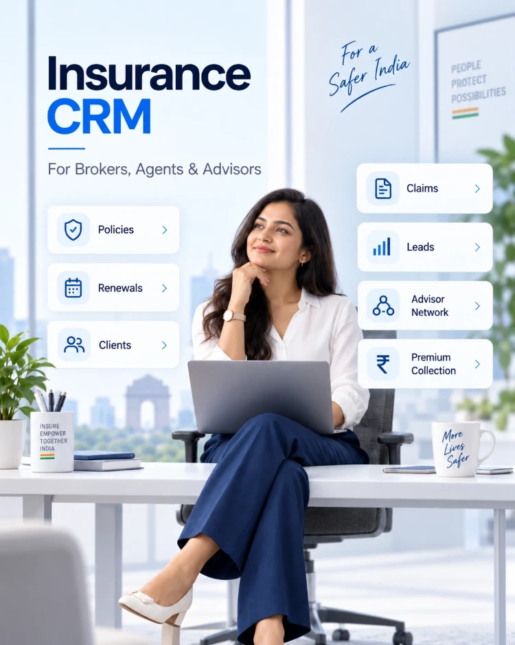 CIPHER CRM for insurance - leads, policies and renewals on one screen An insurance advisor at her laptop, with CIPHER CRM cards for policies, renewals, clients, claims, leads and premium collection