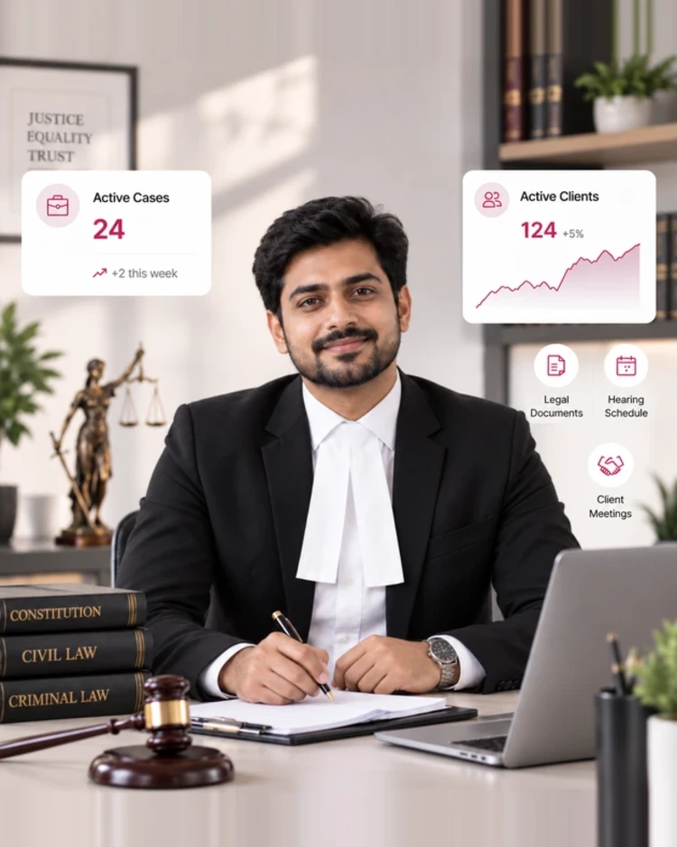 CIPHER CRM for legal - enquiries, matters and hearing dates on one screen A lawyer at his desk with law books and a gavel, with CIPHER CRM cards for active cases and active clients