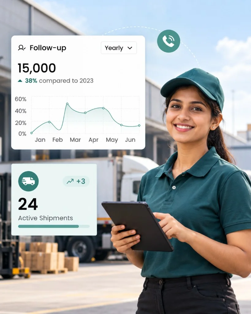 A logistics team member with a tablet in a yard, beside CIPHER CRM cards for follow-ups and active shipments