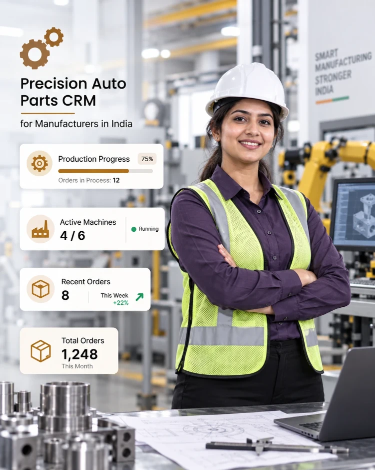 CIPHER CRM for manufacturing - RFQs, quotations and orders on one screen A plant manager in a hard hat and safety vest, beside CIPHER CRM cards for RFQs, quotations and orders