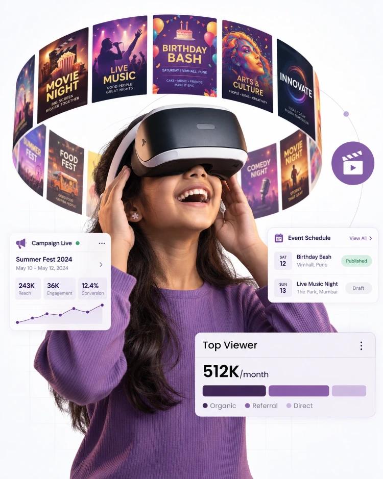 A viewer wearing a VR headset surrounded by event campaign posters, with CIPHER CRM cards for a live campaign, event schedule and a client record