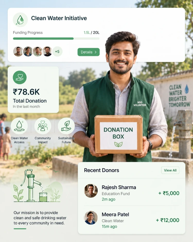 CIPHER CRM for nonprofits - donors, receipts and volunteers on one screen A volunteer holding a donation box, with CIPHER CRM cards for a campaign's donations, recent donors and payments recorded