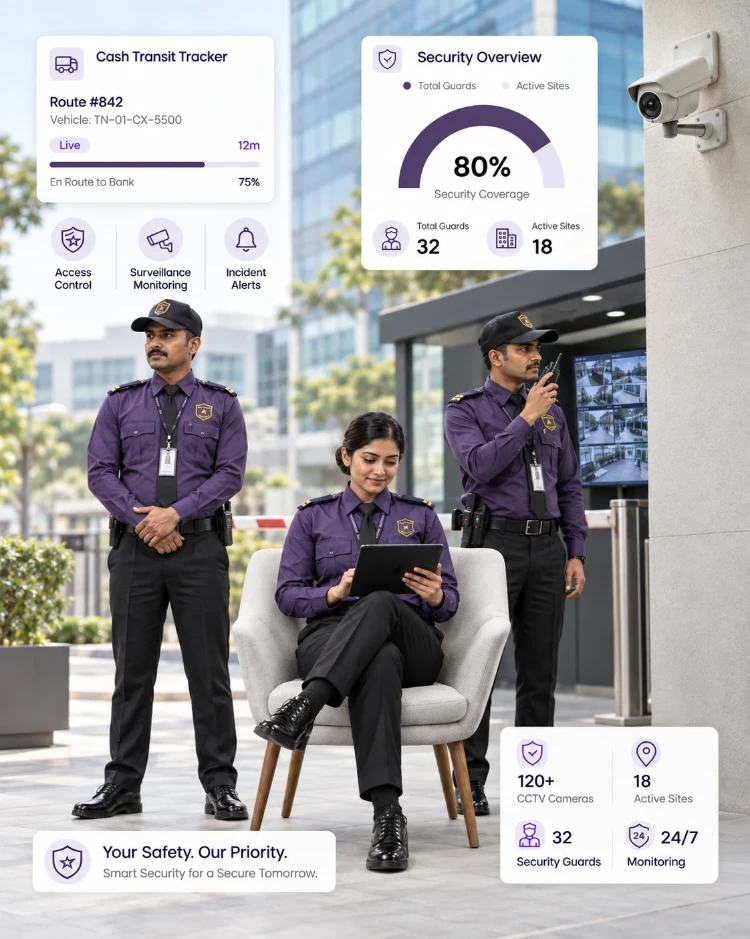 Three security guards standing on site with a tablet, with CIPHER CRM cards for cash transit work, a site summary and site guard counts