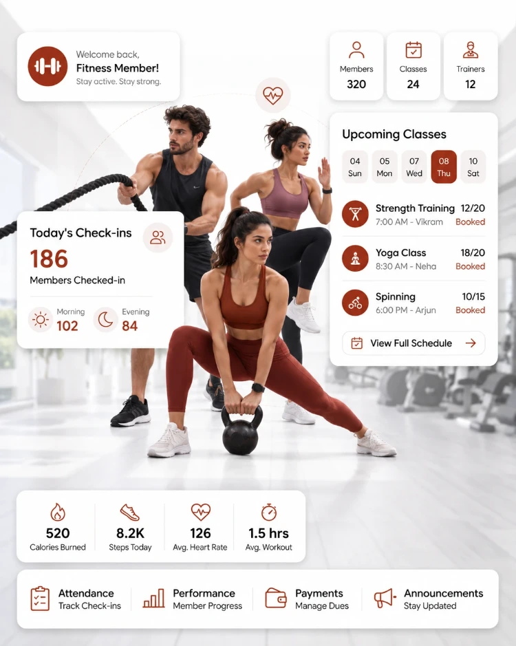 CIPHER CRM for sports and fitness - trials, memberships and renewals on one screen Three athletes in motion, with CIPHER CRM cards for the day's tasks and the week's upcoming classes