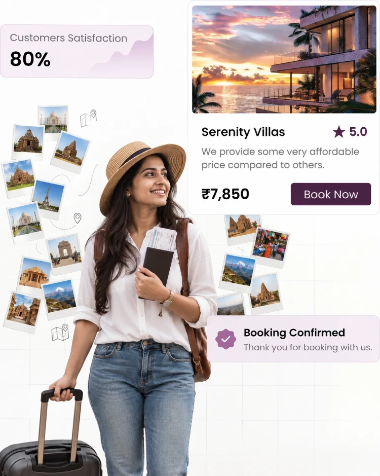 CIPHER CRM for travel and tourism - enquiries, quotes and bookings on one screen A traveller with a passport and suitcase, with CIPHER CRM cards for a holiday enquiry, a package proposal and a paid invoice