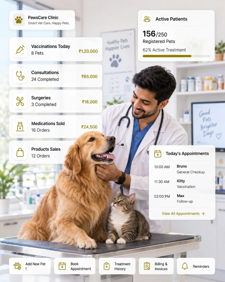 A vet examining a dog and a cat, with CIPHER CRM cards for today's vaccinations, consultations, surgeries, active patients and booking