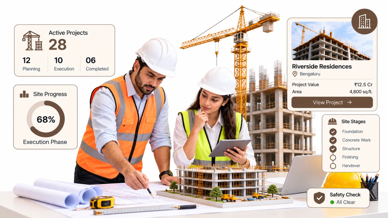 Two site engineers in hard hats reviewing a building model, with CIPHER CRM cards for active projects, site progress and a project's value and status