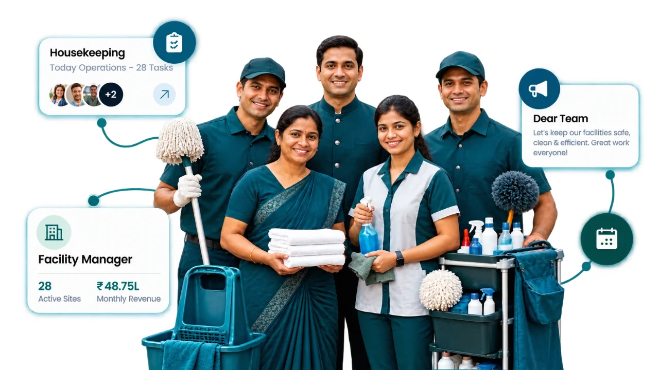 A housekeeping and facility management team with cleaning equipment, with CIPHER CRM cards for housekeeping tasks, active sites and contract invoices