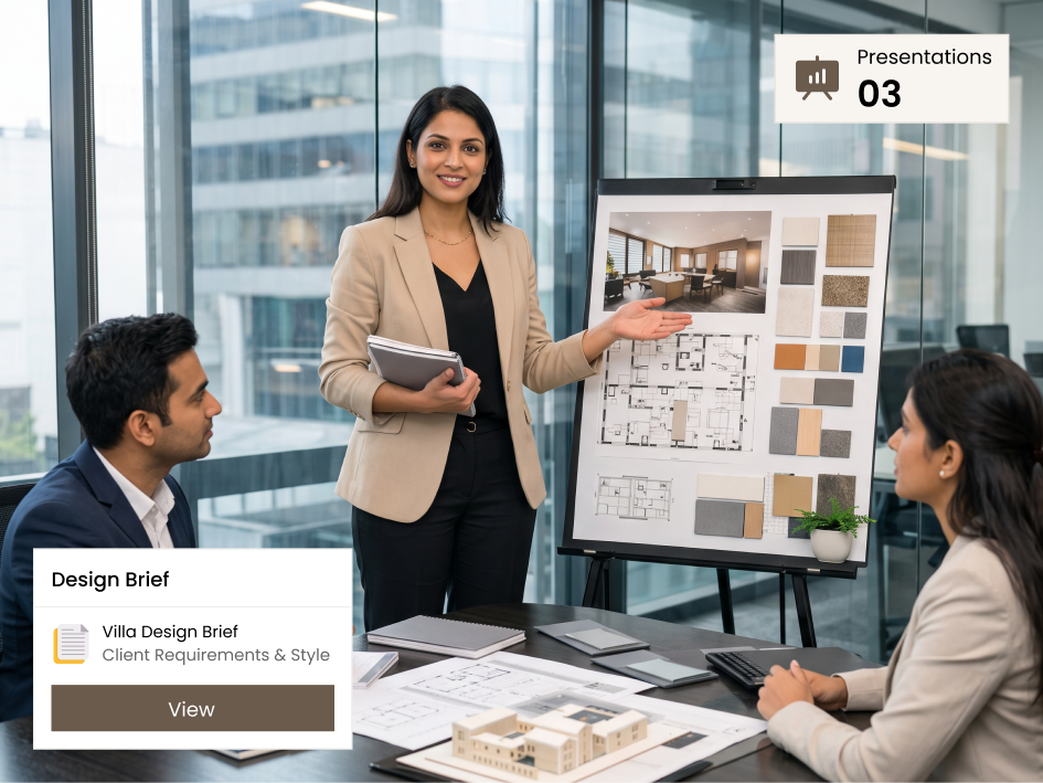 CIPHER CRM client record with design brief, mood board links, and presentation notes for an interior design studio