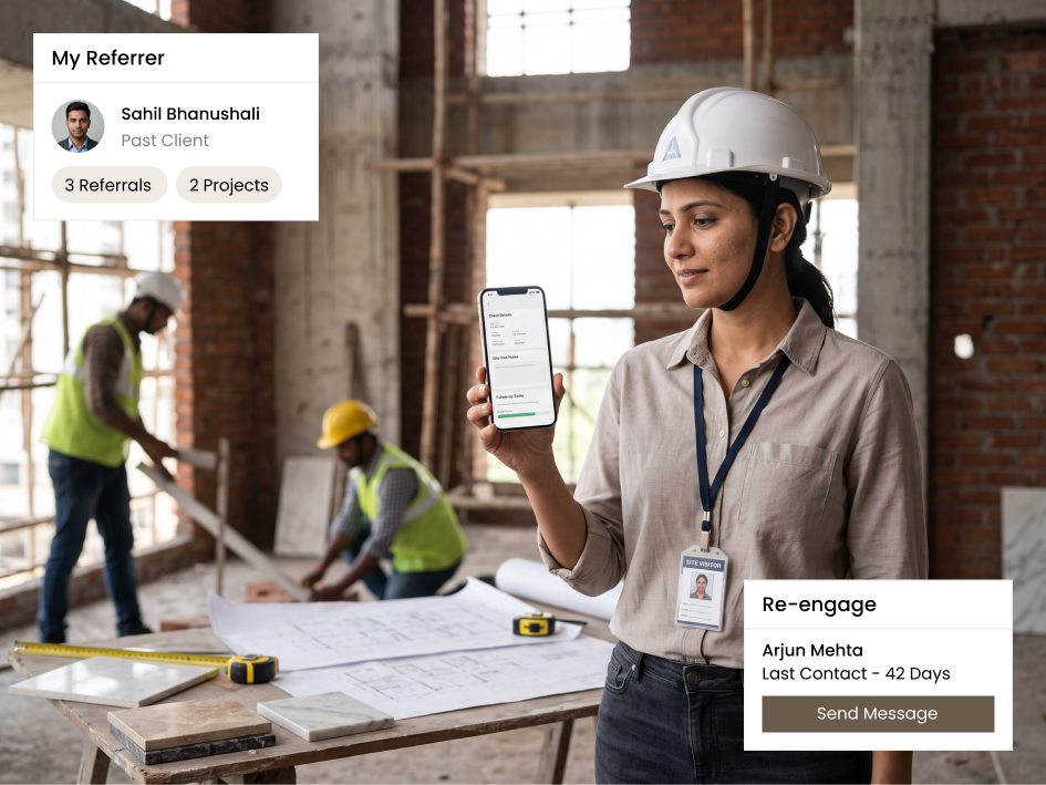 An architect on site adding visit notes to a client record in CIPHER CRM in a phone browser
