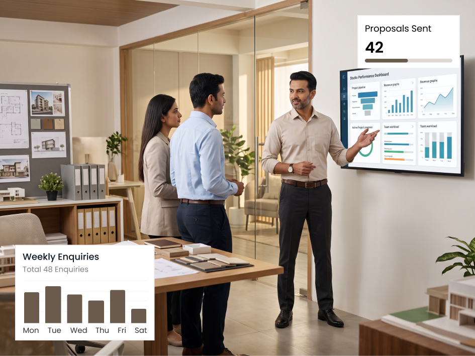 CIPHER CRM client portal showing an interior design client's projects, documents and invoices