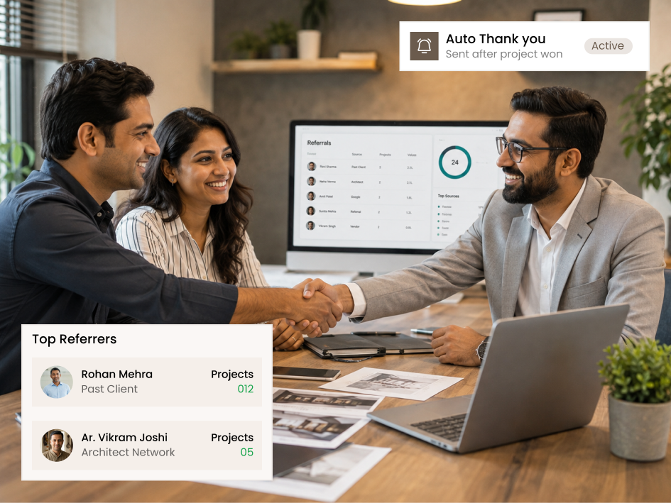 CIPHER CRM enquiry list filtered by referral source for an architecture and interior design studio