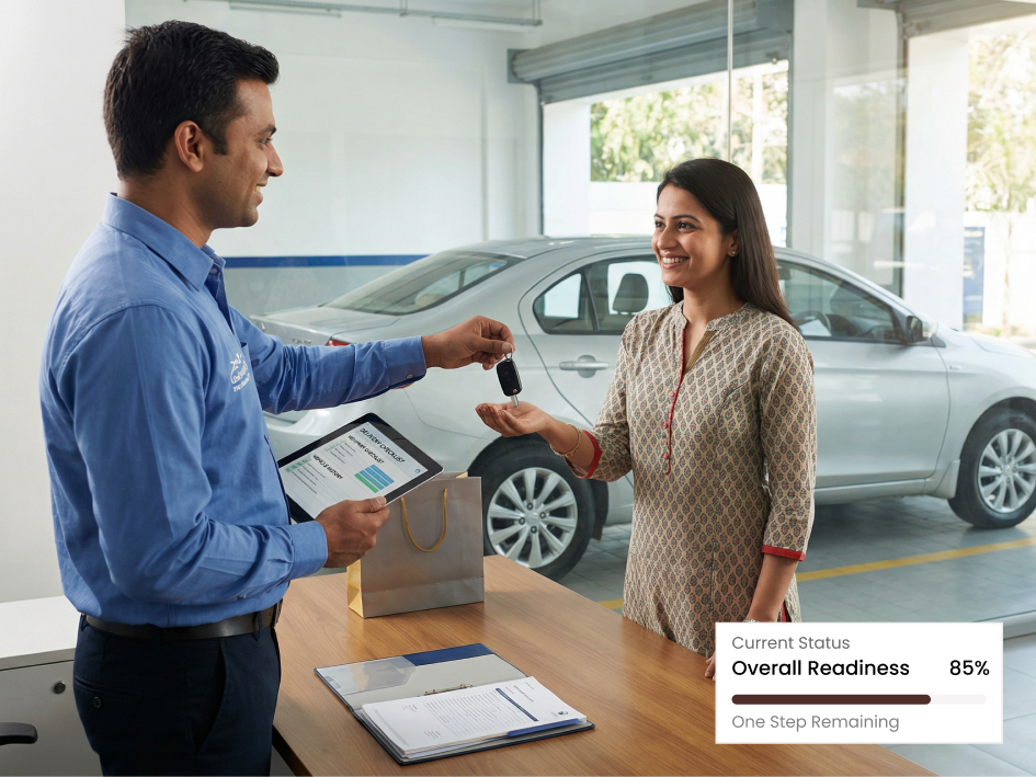 CIPHER CRM open in a phone browser as a dealership advisor logs a test-drive enquiry on the showroom floor