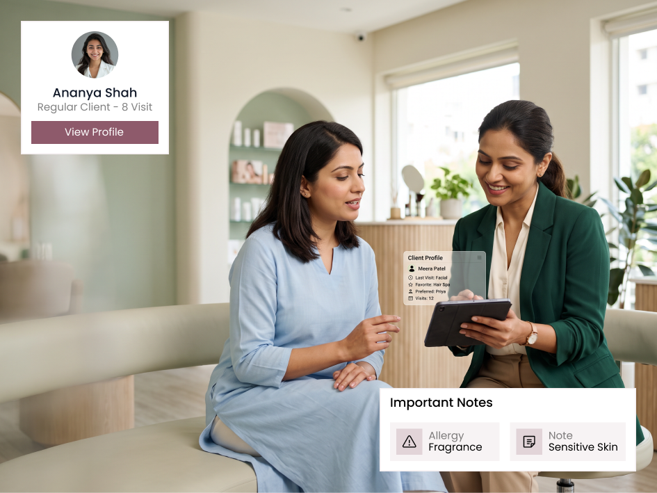 CIPHER CRM client record for a beauty salon showing bills, tags and notes
