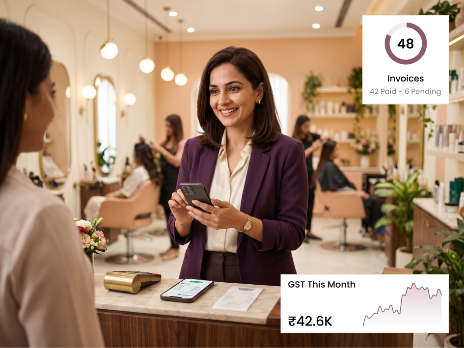 CIPHER CRM invoice for a beauty salon visit in INR with GST on each line