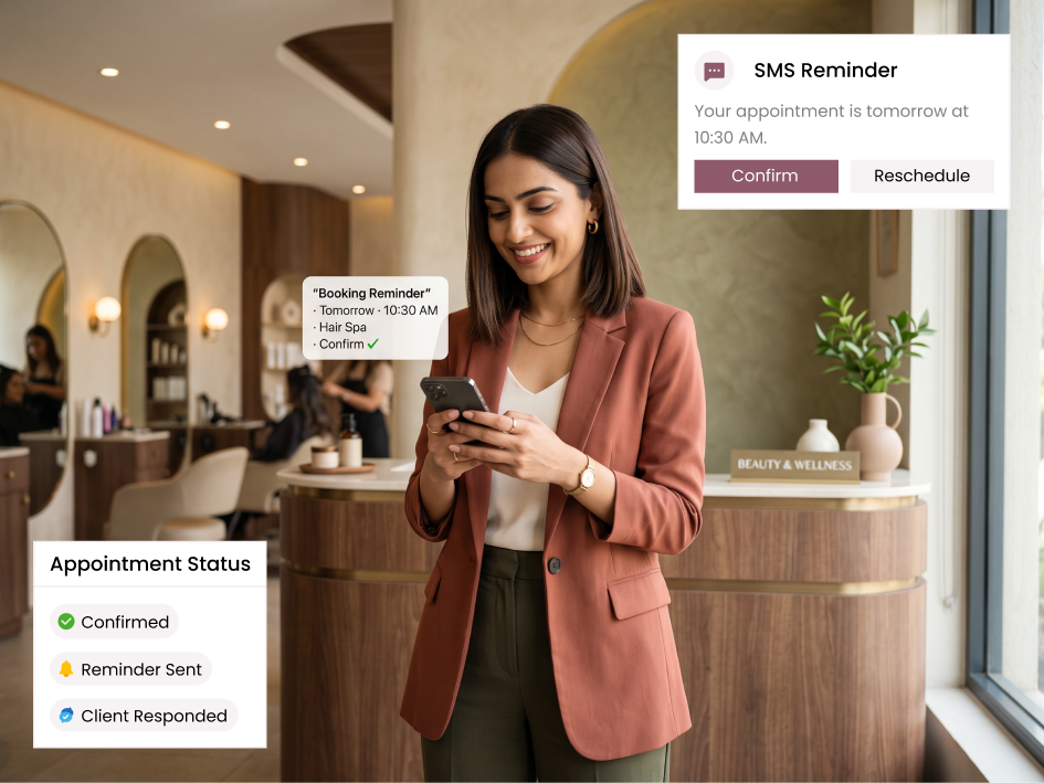 CIPHER CRM reminder telling a salon front desk to call a client before tomorrow's appointment