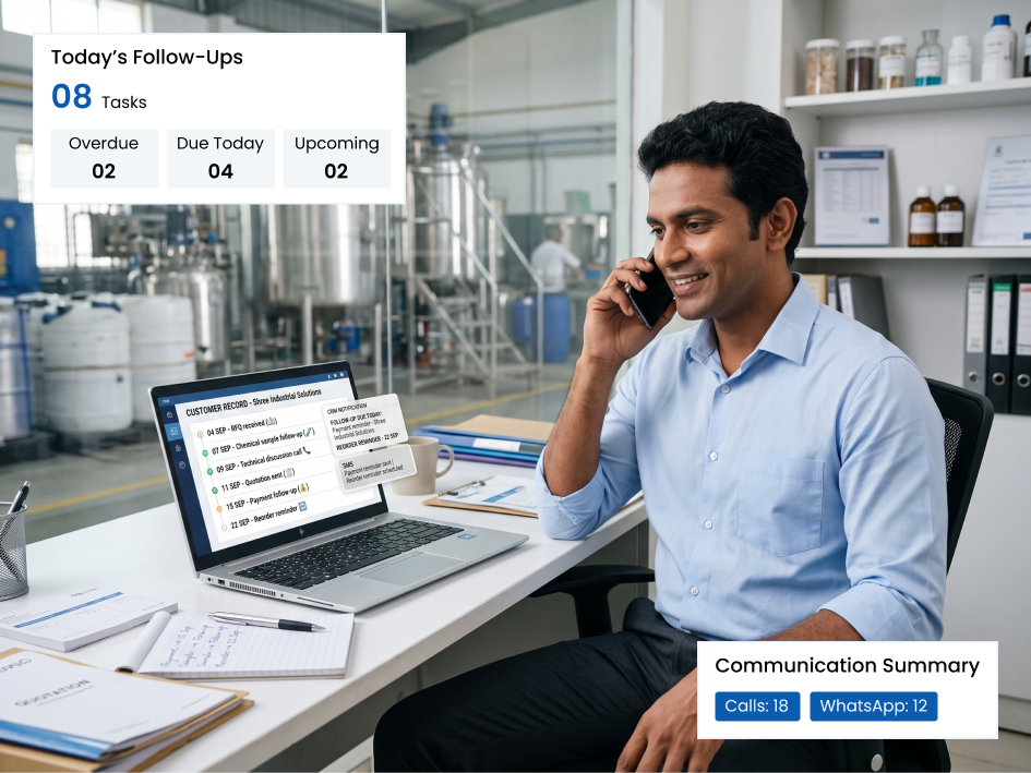 CIPHER CRM follow-up reminders and communication log for chemical RFQs and payment chasing