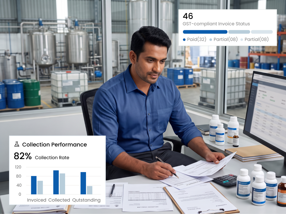 CIPHER CRM invoice with tax lines and payment history for a chemical manufacturer