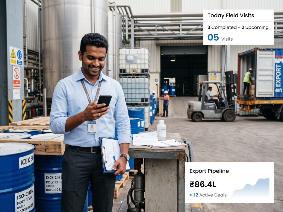 CIPHER CRM open in a phone browser as a chemical field sales rep logs a visit