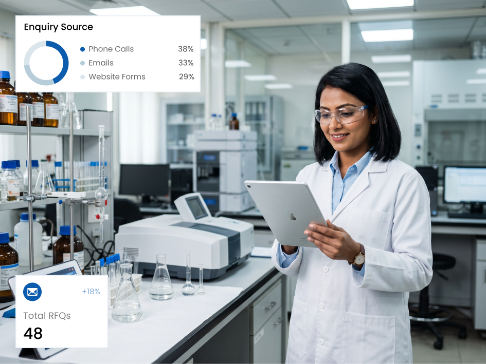 CIPHER CRM chemicals RFQ list with enquiries by source, status and product specialist