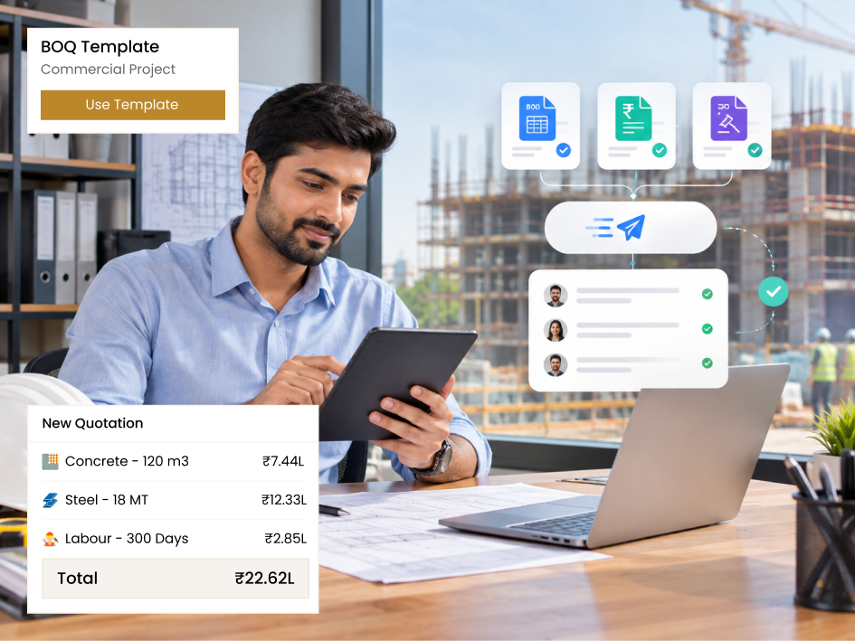 CIPHER CRM construction quotation screen showing a BOQ with material and labour rates