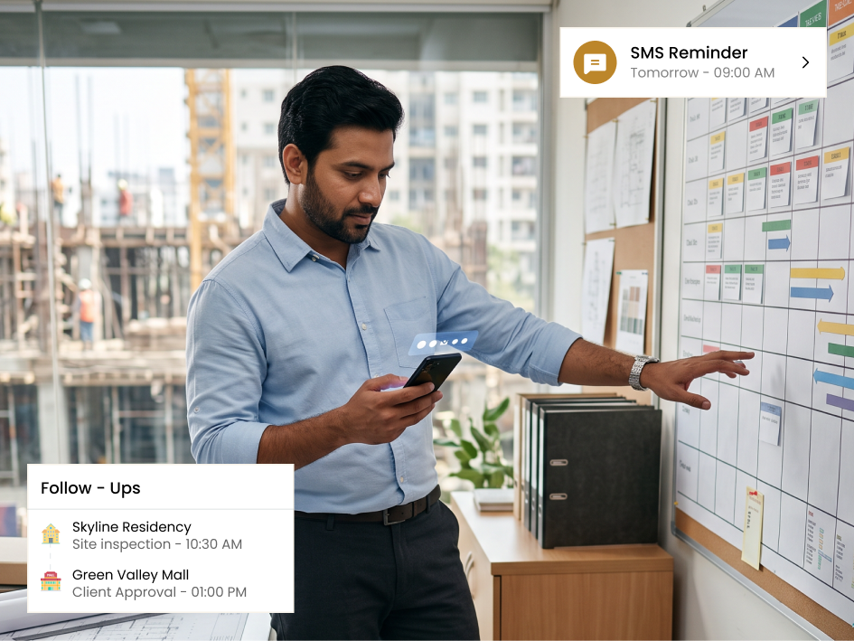 CIPHER CRM follow-up reminders and logged calls for construction project leads
