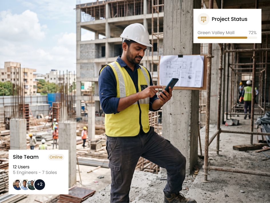 A site engineer updating a project task in CIPHER CRM in a phone browser