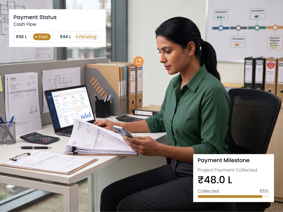 CIPHER CRM milestone invoice screen with GST lines and payment status for a construction project