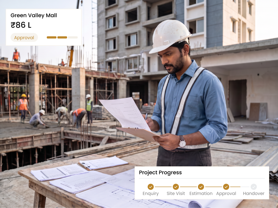 CIPHER CRM project pipeline board showing construction projects from enquiry to handover