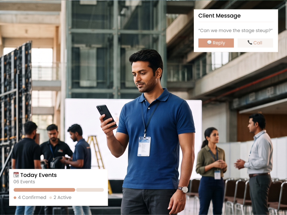CIPHER CRM open in a phone browser as an event coordinator updates event status on-site